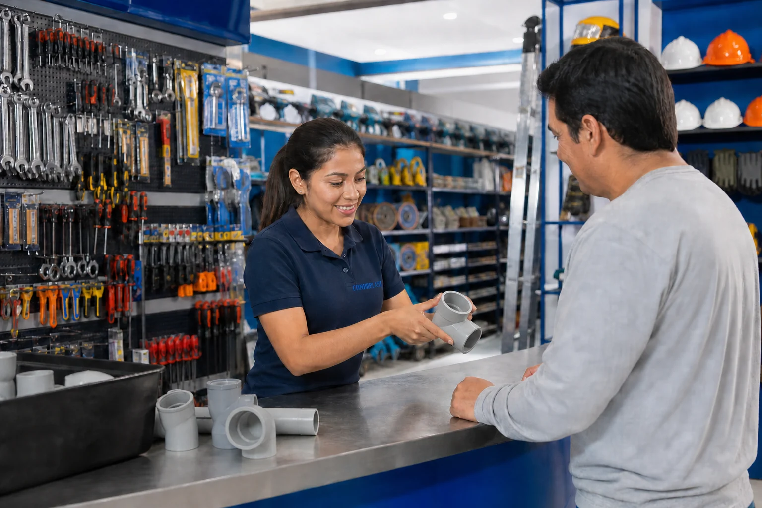 Asesora peruana de Condimplast orientando a un cliente de ferretería