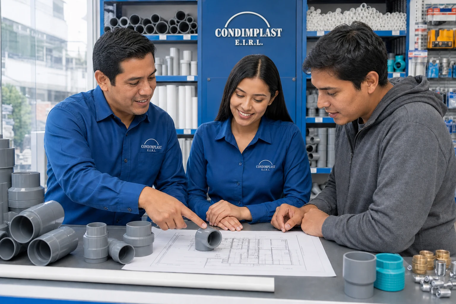 Equipo Condimplast asesorando a un cliente sobre conexiones PVC para su proyecto