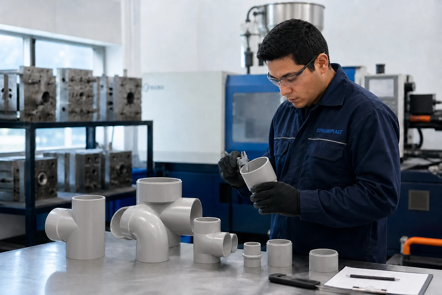 Técnico peruano de Condimplast verificando conexiones PVC grises